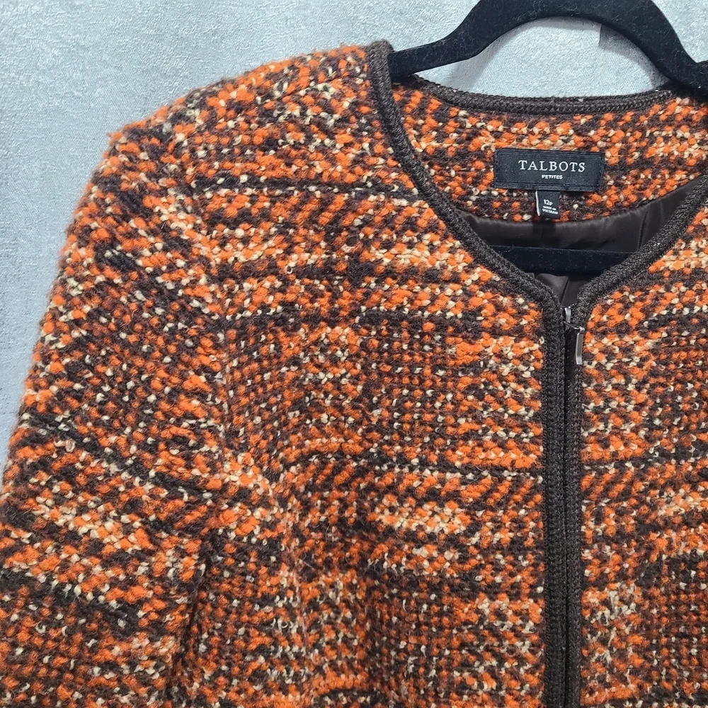 Talbots Tweed Orange Black Wool Blend Women's Jacket 12P‎ Career Preppy